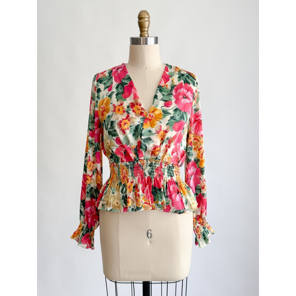 Zara Floral Cottagecore Peplum Blouse Small Multicolor Smocked Waist V-Neck Top
